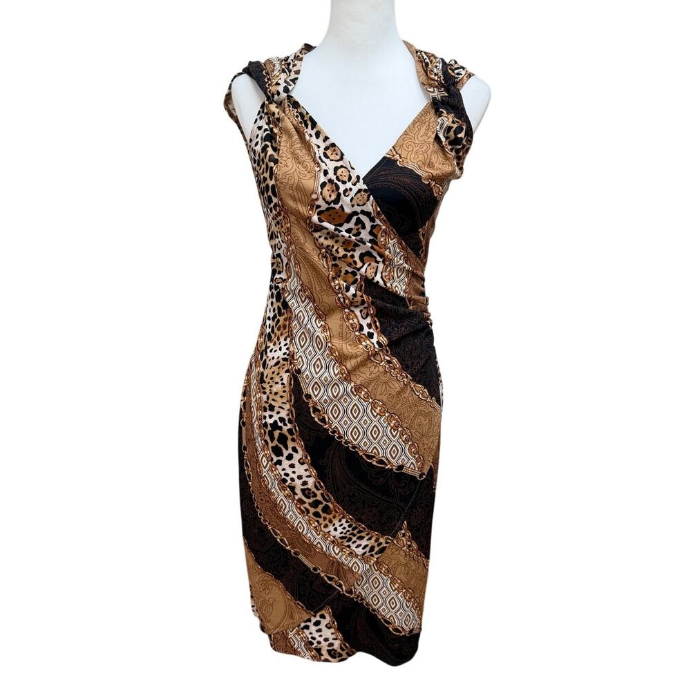 Vintage Cache Sleeveless Sheath Dress Brown Animal Print Size Medium